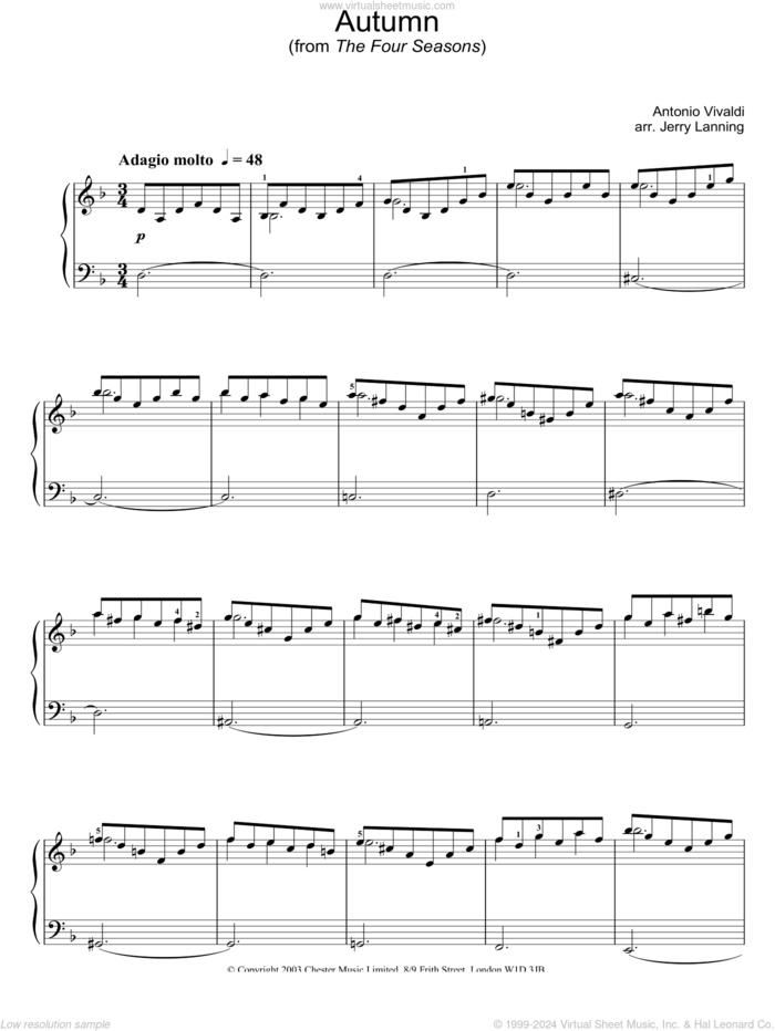 Autumn (from The Four Seasons) sheet music for piano solo by Antonio Vivaldi, classical score, intermediate skill level