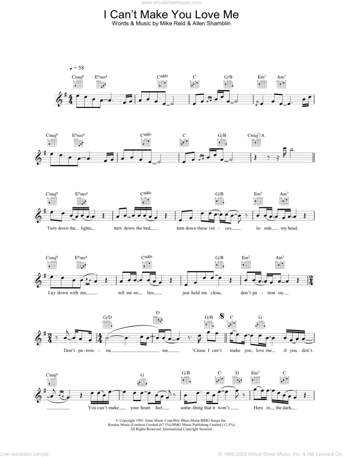 I Can't Make You Love Me sheet music for voice and other instruments (fake book) by George Michael, Bonnie Raitt, Allen Shamblin and Mike Reid, intermediate skill level