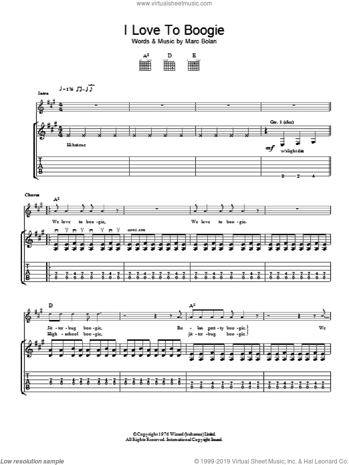 I Love To Boogie sheet music for guitar (tablature) by T Rex, intermediate skill level