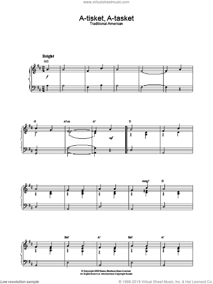 A-Tisket, A-Tasket sheet music for piano solo, intermediate skill level