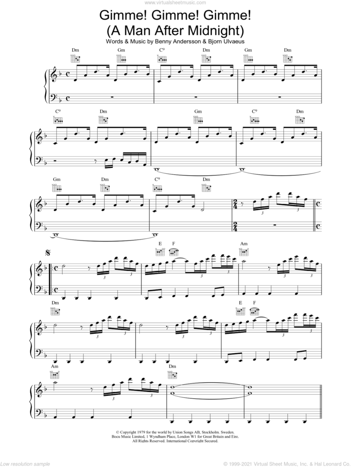 Gimme! Gimme! Gimme! (A Man After Midnight) sheet music for voice, piano or guitar by ABBA, intermediate skill level