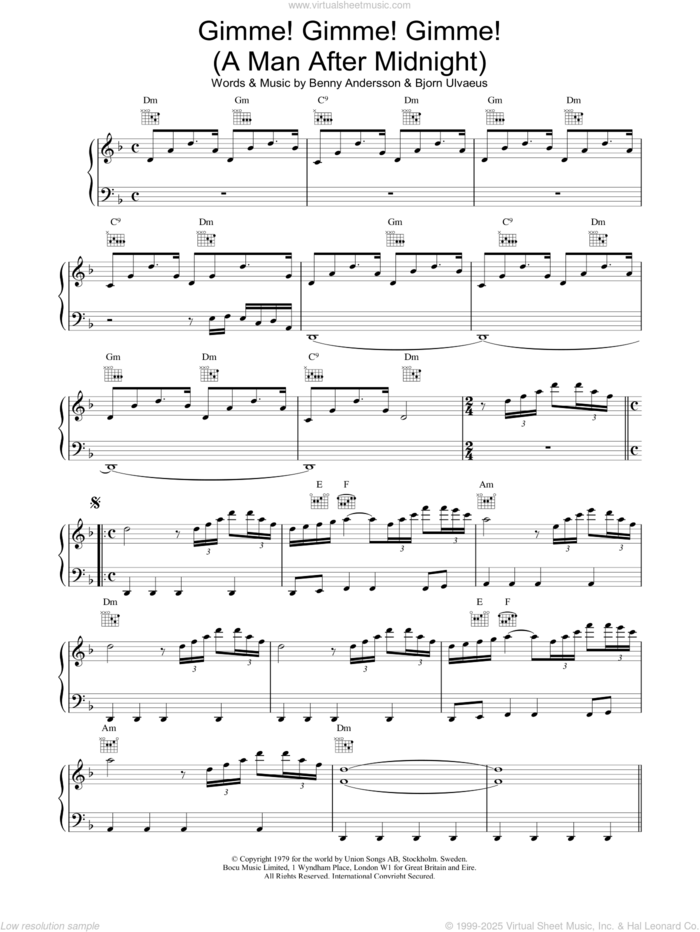 Gimme! Gimme! Gimme! (A Man After Midnight) sheet music for voice, piano or guitar by ABBA, intermediate skill level