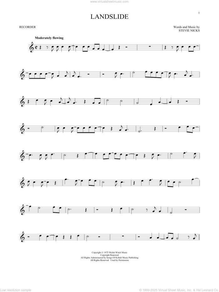 Landslide sheet music for recorder solo by Fleetwood Mac and Stevie Nicks, intermediate skill level