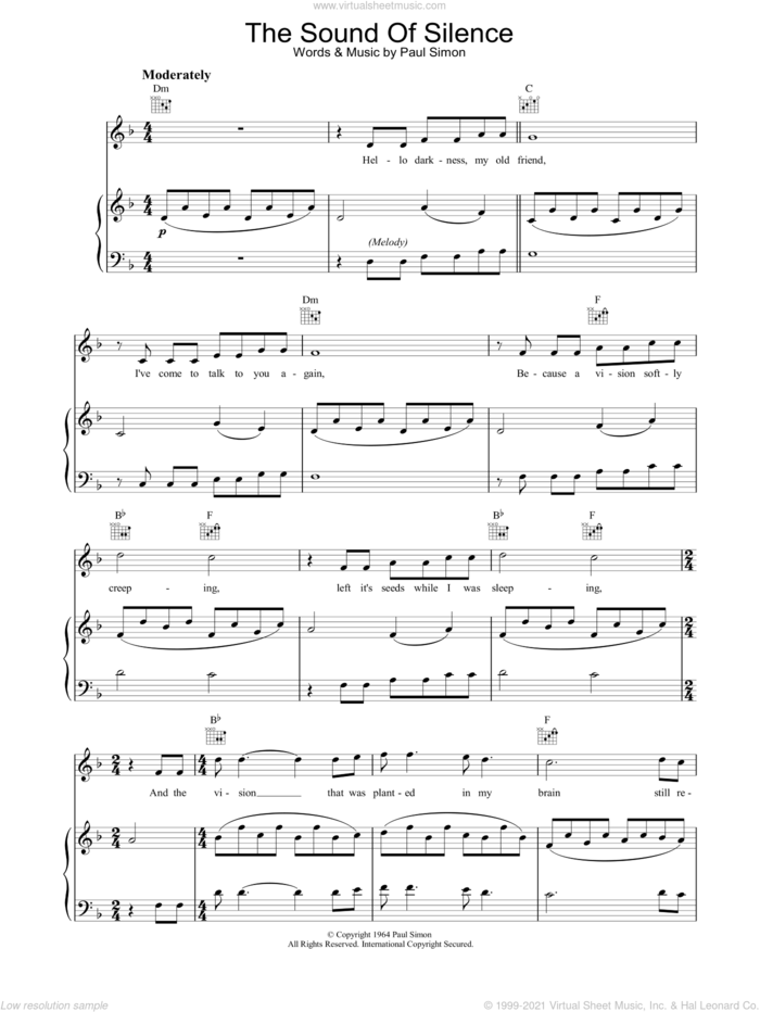 The Sound Of Silence sheet music for voice, piano or guitar by Simon & Garfunkel and Paul Simon, intermediate skill level