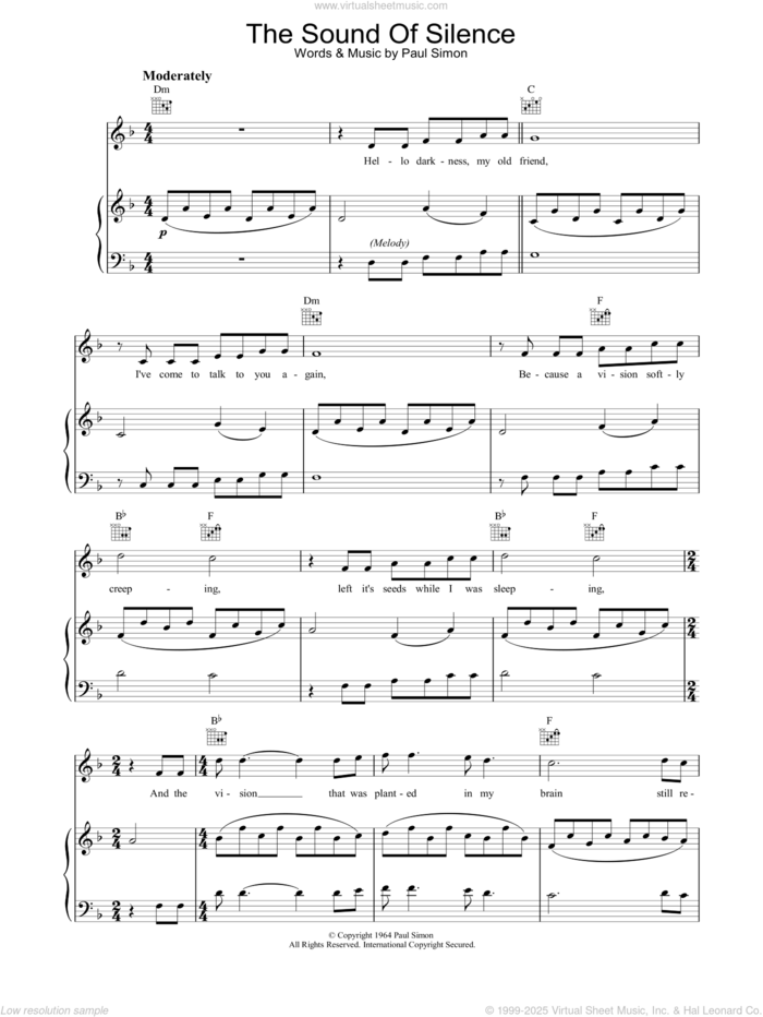 The Sound Of Silence sheet music for voice, piano or guitar by Simon & Garfunkel and Paul Simon, intermediate skill level