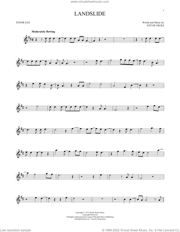 Landslide sheet music for tenor saxophone solo by Fleetwood Mac and Stevie Nicks, intermediate skill level