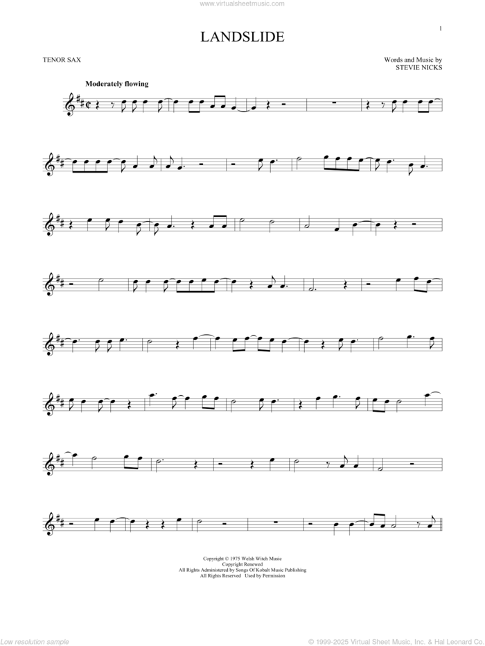 Landslide sheet music for tenor saxophone solo by Fleetwood Mac and Stevie Nicks, intermediate skill level