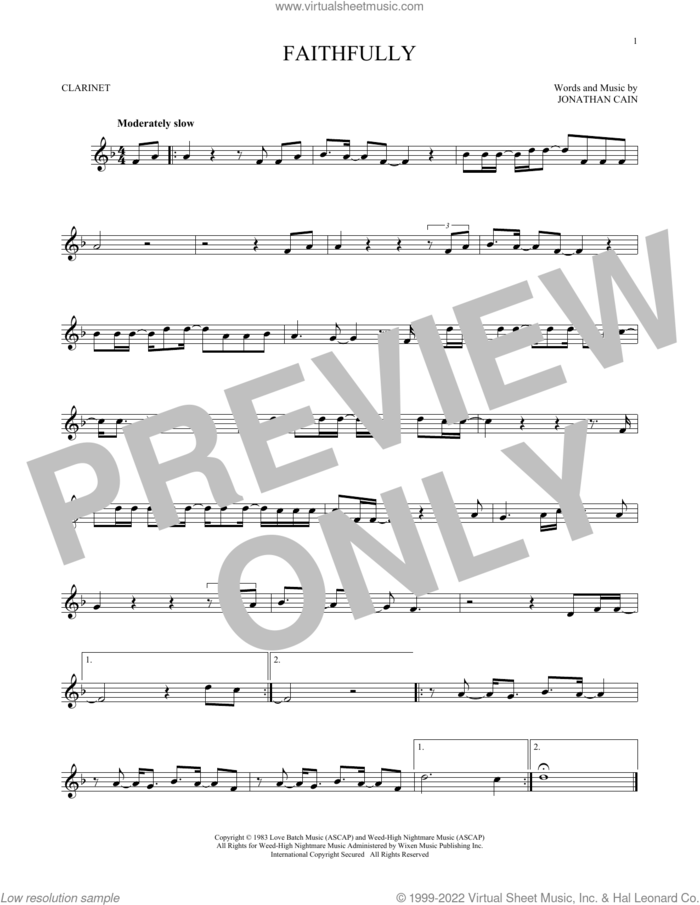 Faithfully sheet music for clarinet solo by Journey and Jonathan Cain, intermediate skill level