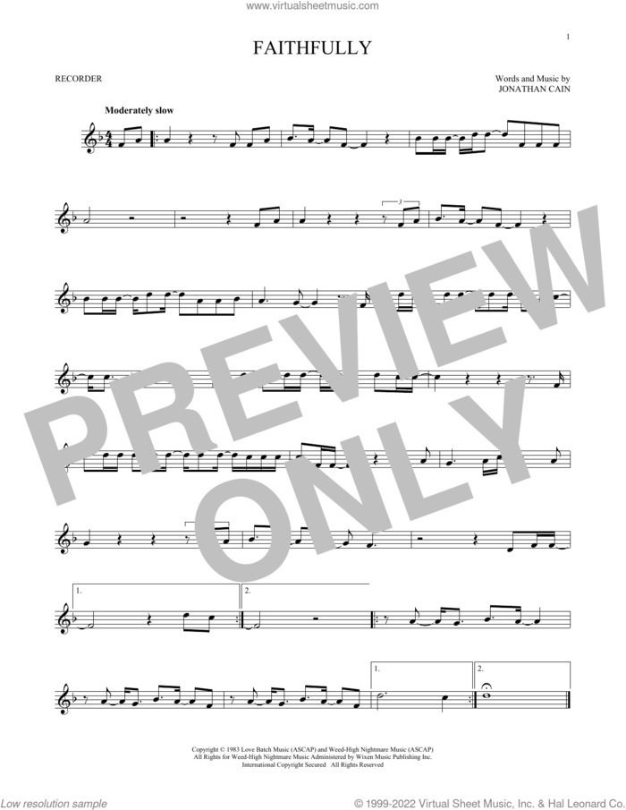 Faithfully sheet music for recorder solo by Journey and Jonathan Cain, intermediate skill level