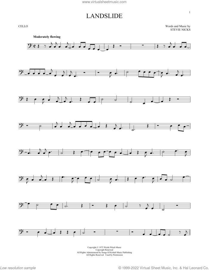 Landslide sheet music for cello solo by Fleetwood Mac and Stevie Nicks, intermediate skill level