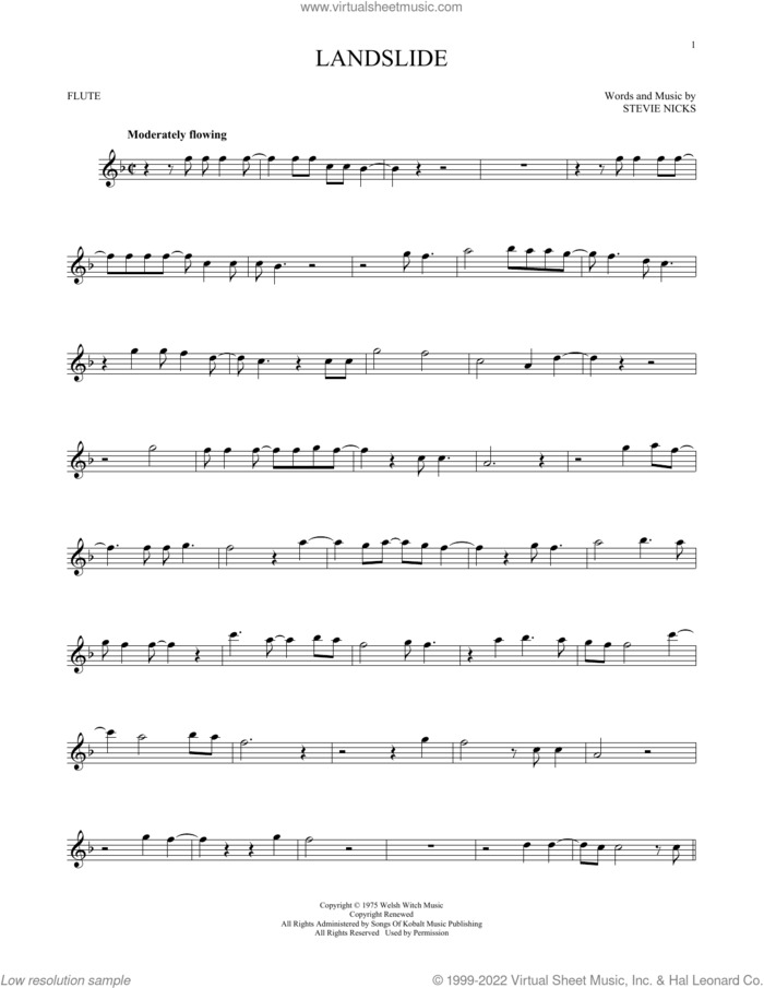 Landslide sheet music for flute solo by Fleetwood Mac and Stevie Nicks, intermediate skill level