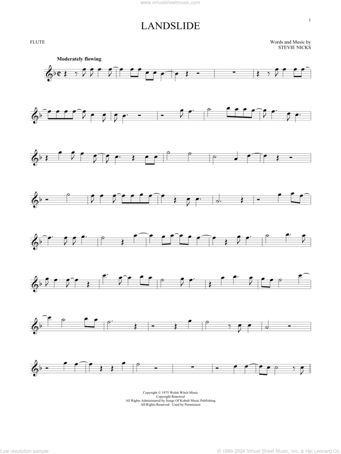 Landslide sheet music for flute solo by Fleetwood Mac and Stevie Nicks, intermediate skill level