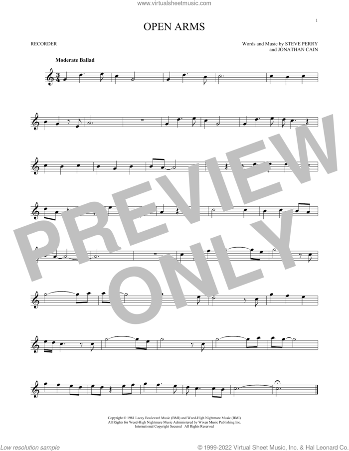 Open Arms sheet music for recorder solo by Journey, Jonathan Cain and Steve Perry, intermediate skill level