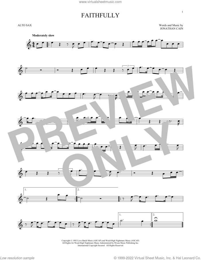 Faithfully sheet music for alto saxophone solo by Journey and Jonathan Cain, intermediate skill level