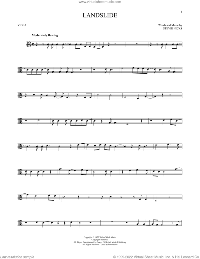 Landslide sheet music for viola solo by Fleetwood Mac and Stevie Nicks, intermediate skill level