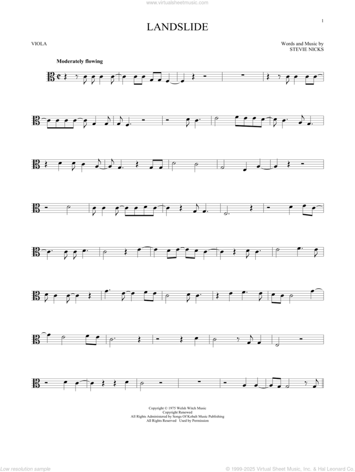 Landslide sheet music for viola solo by Fleetwood Mac and Stevie Nicks, intermediate skill level