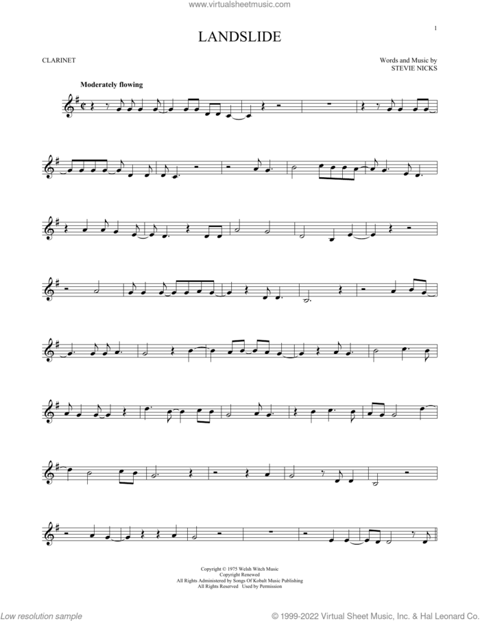 Landslide sheet music for clarinet solo by Fleetwood Mac and Stevie Nicks, intermediate skill level