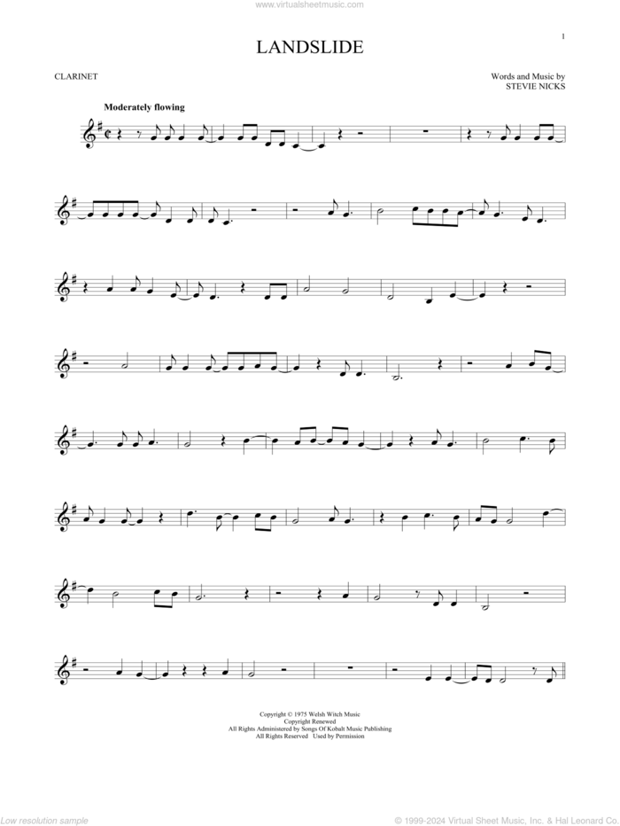 Landslide sheet music for clarinet solo by Fleetwood Mac and Stevie Nicks, intermediate skill level