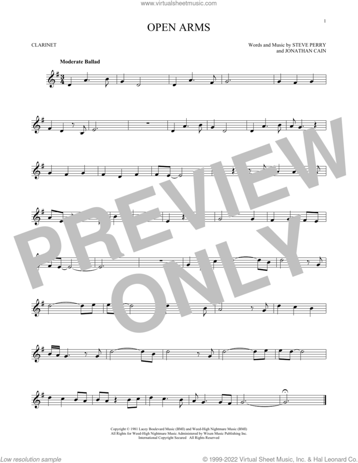 Open Arms sheet music for clarinet solo by Journey, Jonathan Cain and Steve Perry, intermediate skill level