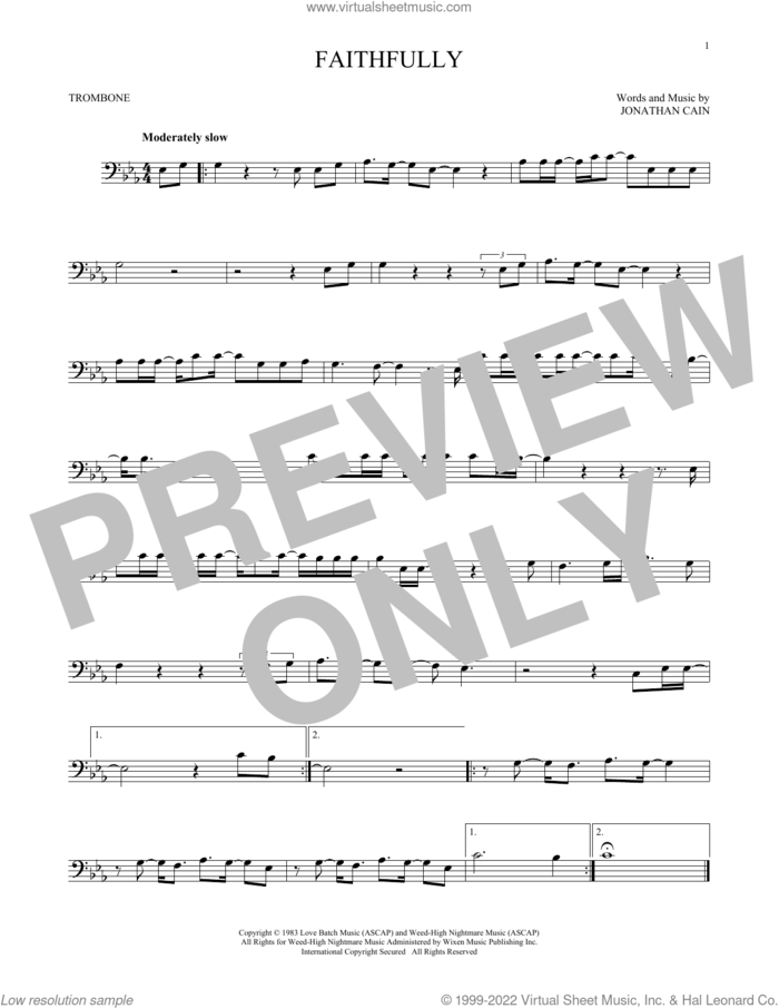Faithfully sheet music for trombone solo by Journey and Jonathan Cain, intermediate skill level