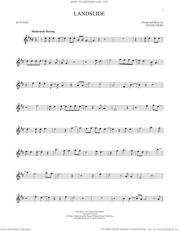 Landslide sheet music for alto saxophone solo by Fleetwood Mac and Stevie Nicks, intermediate skill level