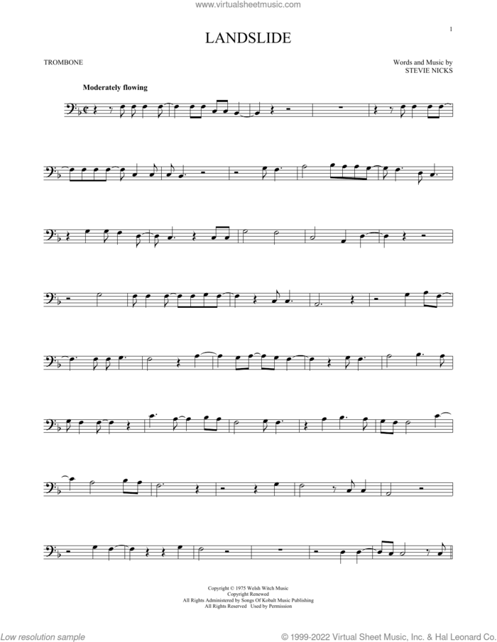 Landslide sheet music for trombone solo by Fleetwood Mac and Stevie Nicks, intermediate skill level