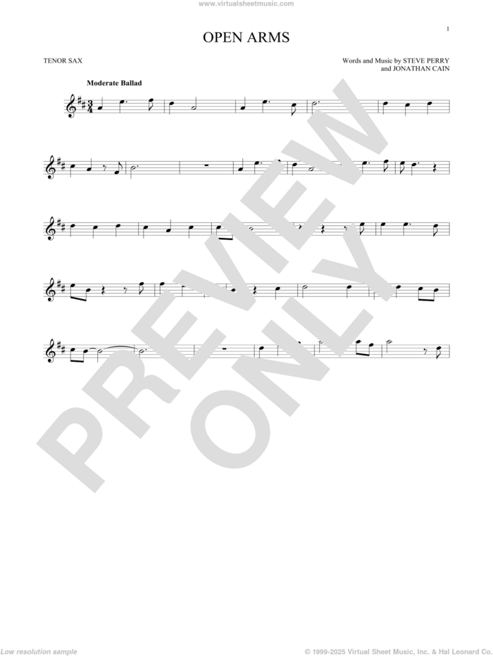 Open Arms sheet music for tenor saxophone solo by Journey, Jonathan Cain and Steve Perry, intermediate skill level