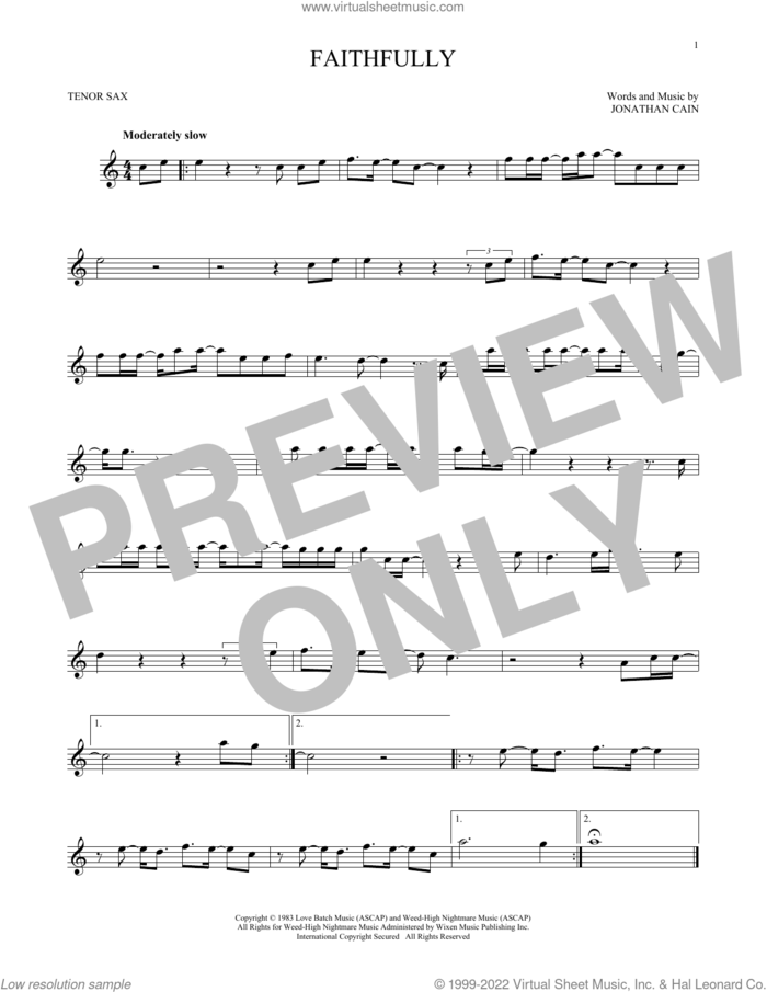 Faithfully sheet music for tenor saxophone solo by Journey and Jonathan Cain, intermediate skill level