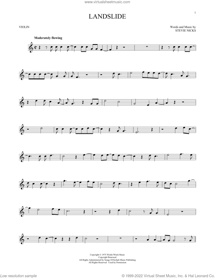 Landslide sheet music for violin solo by Fleetwood Mac and Stevie Nicks, intermediate skill level