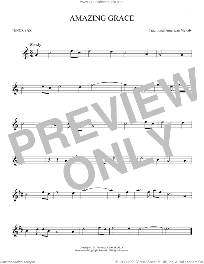 Amazing Grace sheet music for tenor saxophone solo by John Newton and Miscellaneous, intermediate skill level