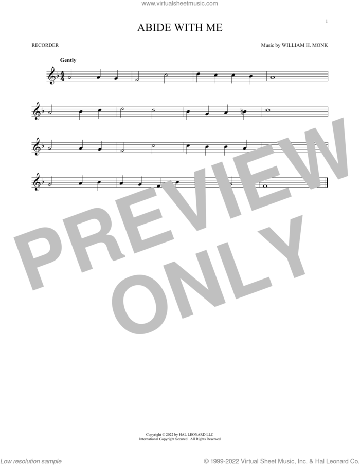 Abide With Me sheet music for recorder solo by Henry F. Lyte and William Henry Monk, intermediate skill level