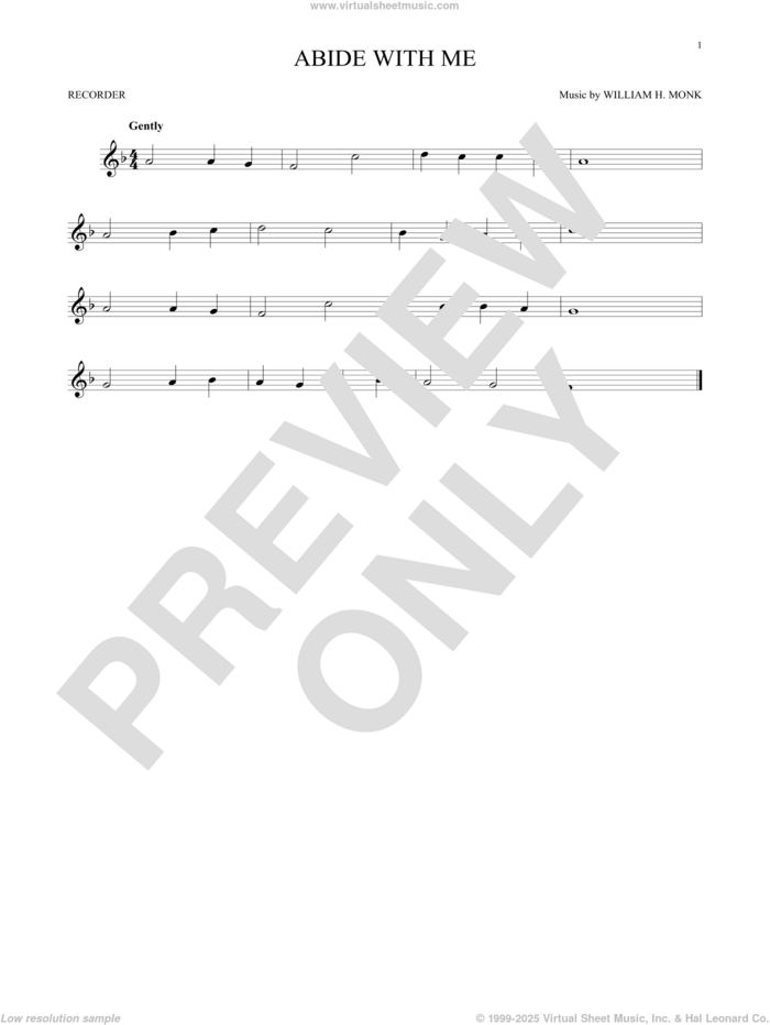 Abide With Me sheet music for recorder solo by Henry F. Lyte and William Henry Monk, intermediate skill level