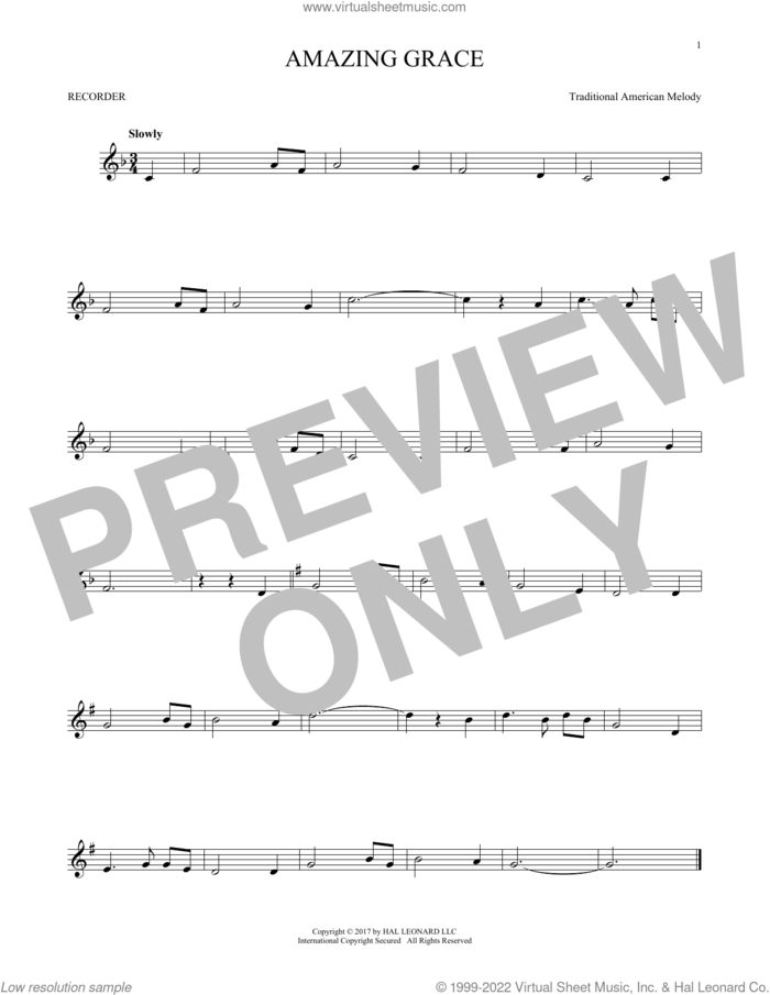 Amazing Grace sheet music for recorder solo by John Newton and Miscellaneous, intermediate skill level