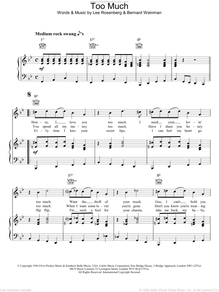Too Much sheet music for voice, piano or guitar by Elvis Presley, Bernard Weinman and Lee Rosenberg, intermediate skill level