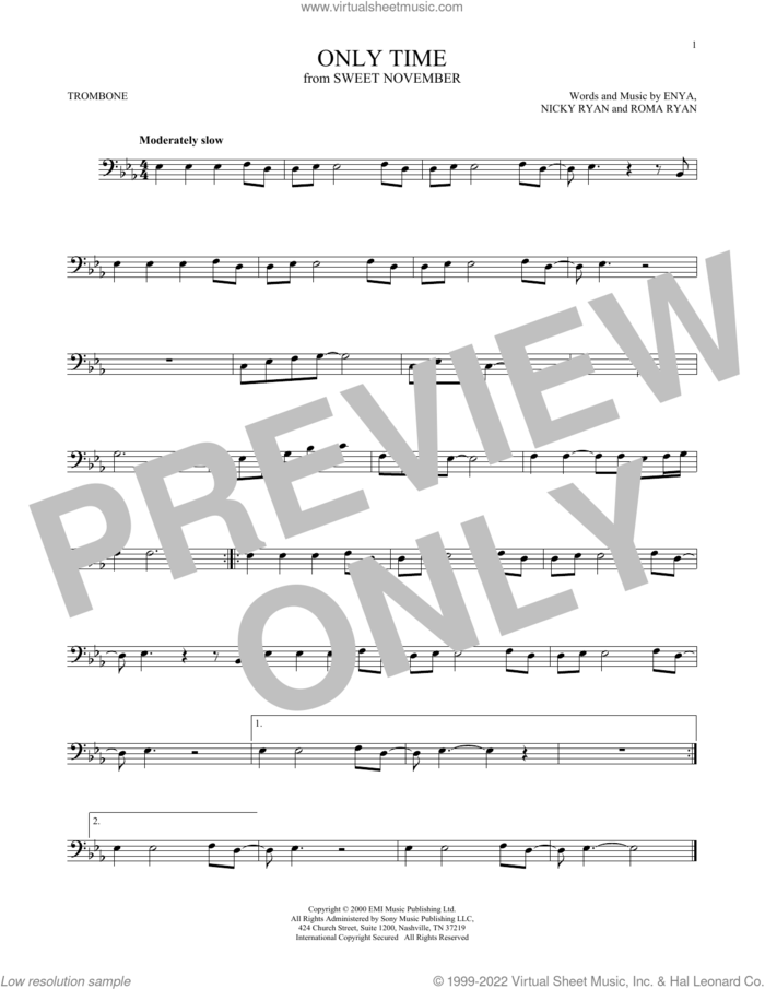 Only Time sheet music for trombone solo by Enya, Nicky Ryan and Roma Ryan, intermediate skill level