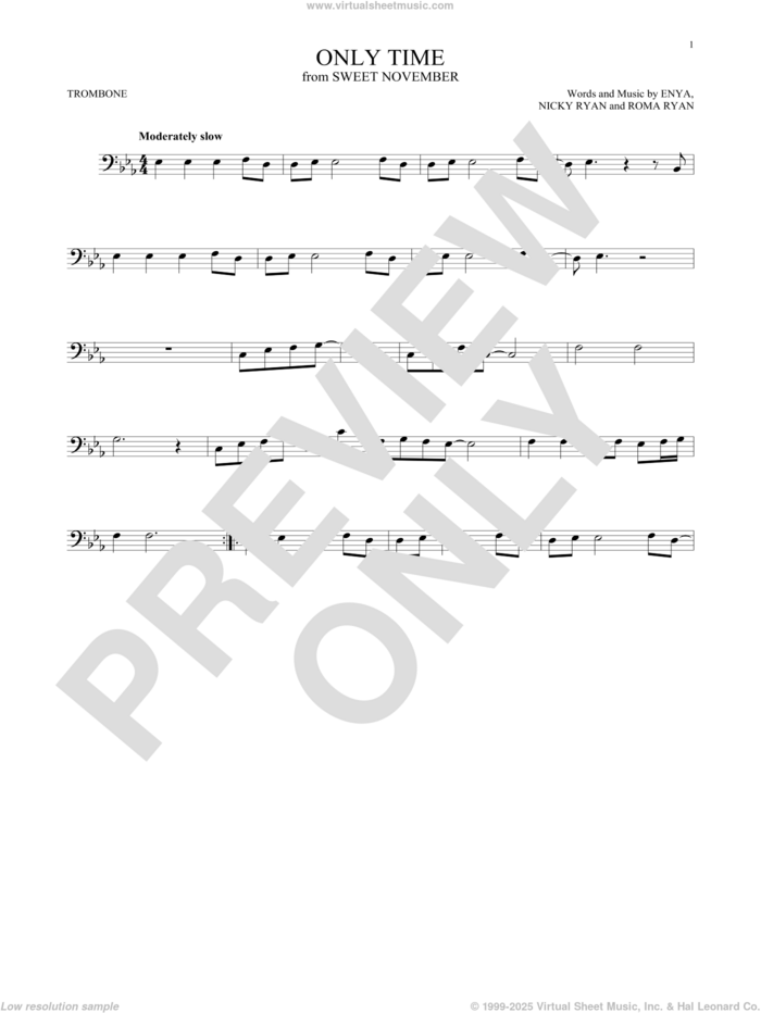 Only Time sheet music for trombone solo by Enya, Nicky Ryan and Roma Ryan, intermediate skill level