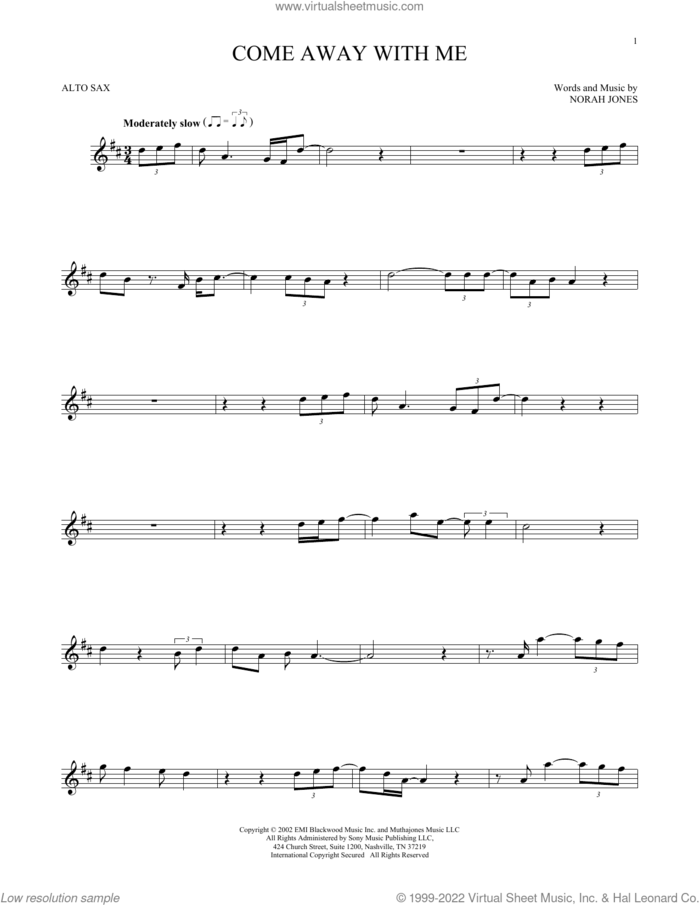 Come Away With Me sheet music for alto saxophone solo by Norah Jones, intermediate skill level