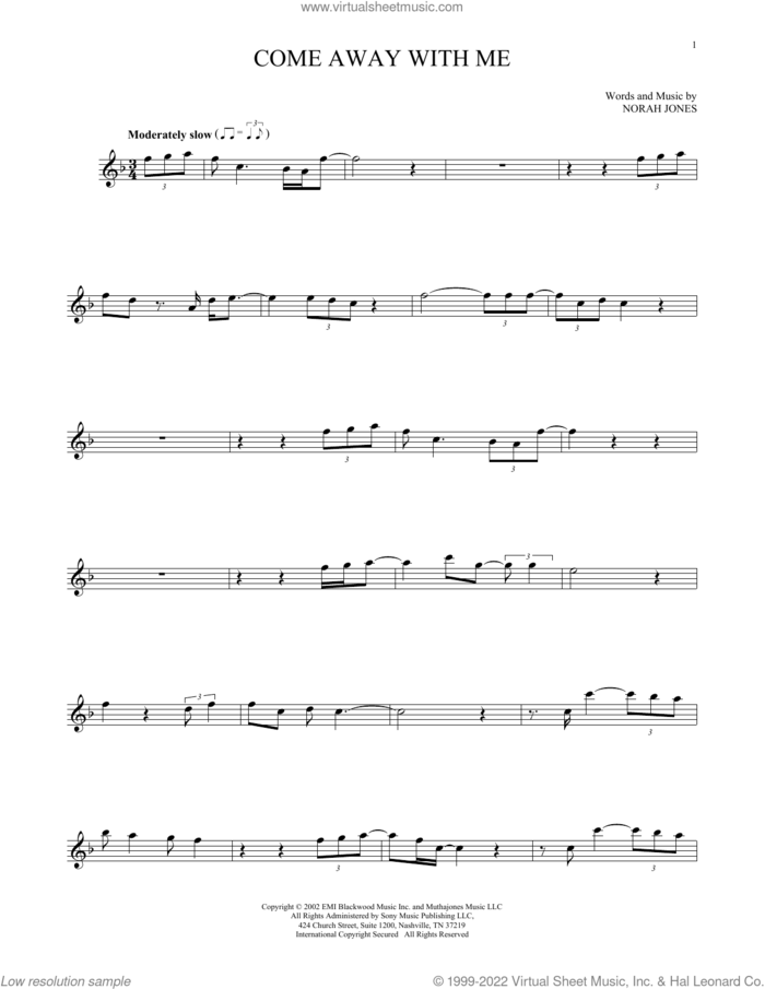Come Away With Me sheet music for flute solo by Norah Jones, intermediate skill level
