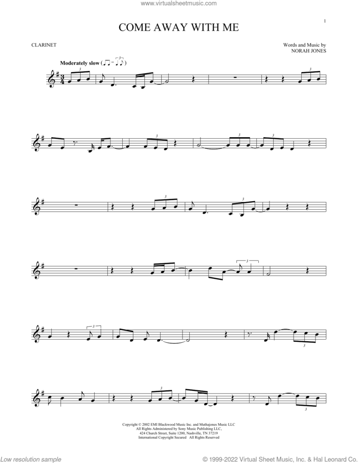 Come Away With Me sheet music for clarinet solo by Norah Jones, intermediate skill level