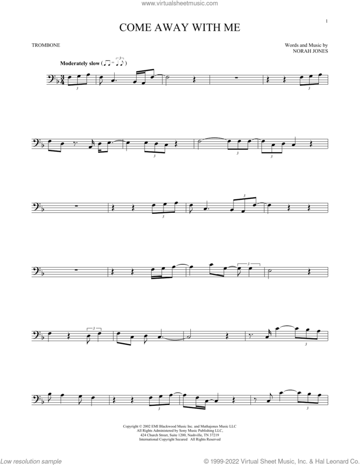 Come Away With Me sheet music for trombone solo by Norah Jones, intermediate skill level