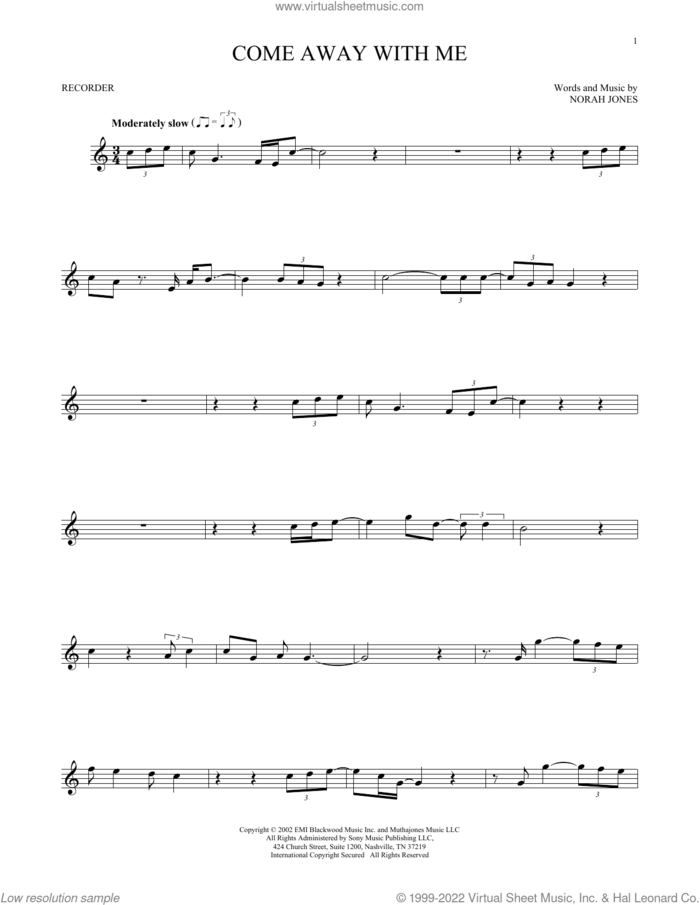 Come Away With Me sheet music for recorder solo by Norah Jones, intermediate skill level