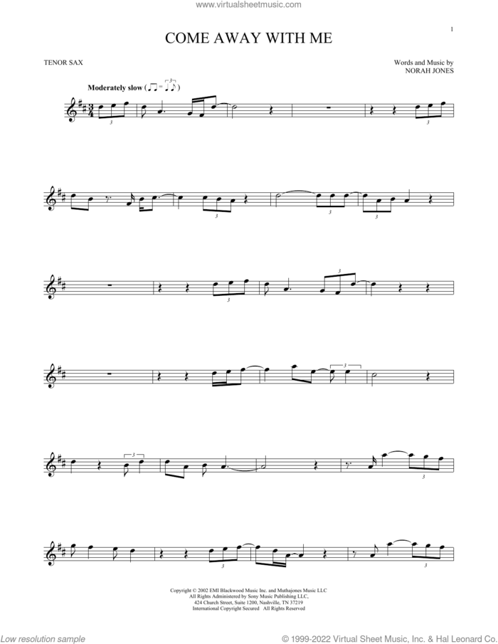 Come Away With Me sheet music for tenor saxophone solo by Norah Jones, intermediate skill level