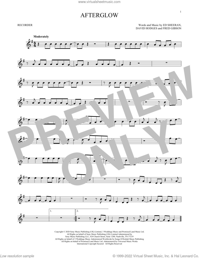 Afterglow sheet music for recorder solo by Ed Sheeran, David Hodges and Fred Gibson, intermediate skill level