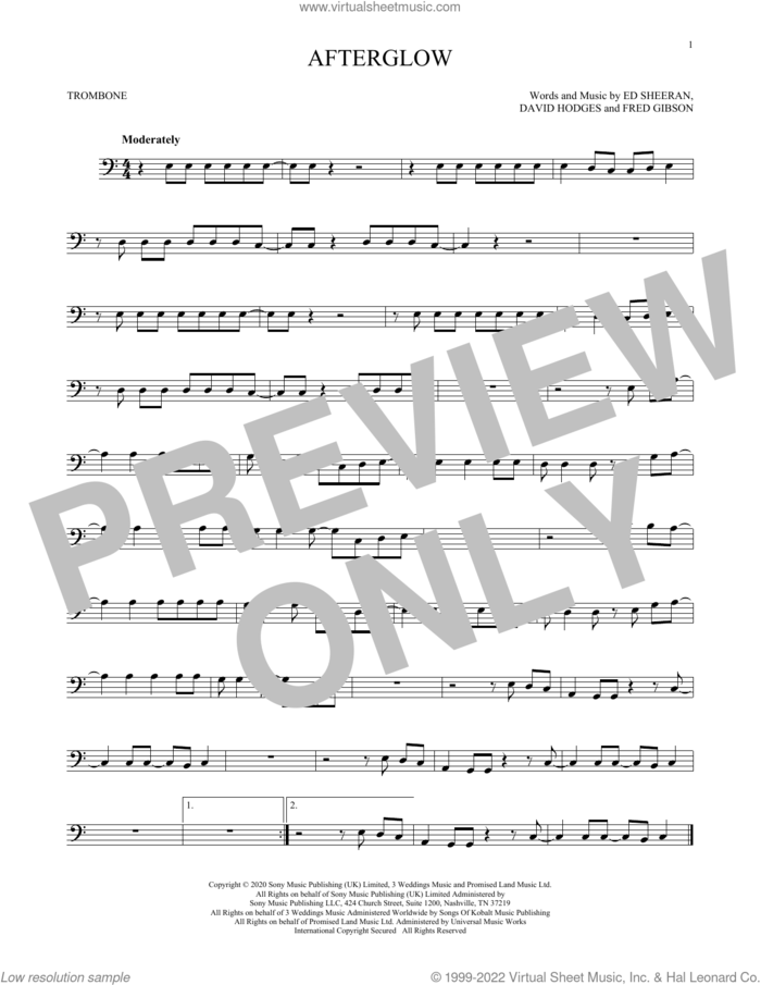 Afterglow sheet music for trombone solo by Ed Sheeran, David Hodges and Fred Gibson, intermediate skill level