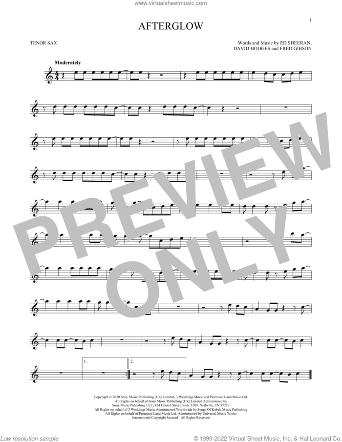 Afterglow sheet music for tenor saxophone solo by Ed Sheeran, David Hodges and Fred Gibson, intermediate skill level