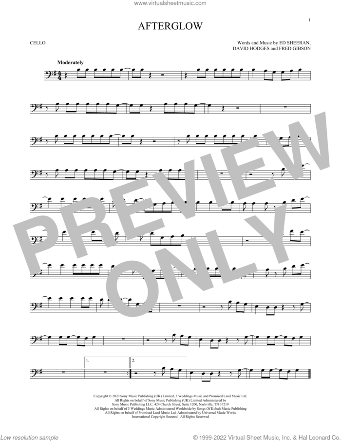 Afterglow sheet music for cello solo by Ed Sheeran, David Hodges and Fred Gibson, intermediate skill level