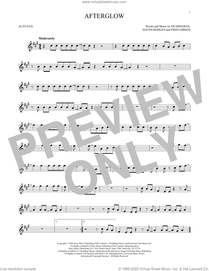 Afterglow sheet music for alto saxophone solo by Ed Sheeran, David Hodges and Fred Gibson, intermediate skill level