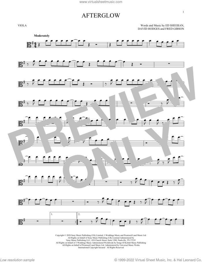 Afterglow sheet music for viola solo by Ed Sheeran, David Hodges and Fred Gibson, intermediate skill level