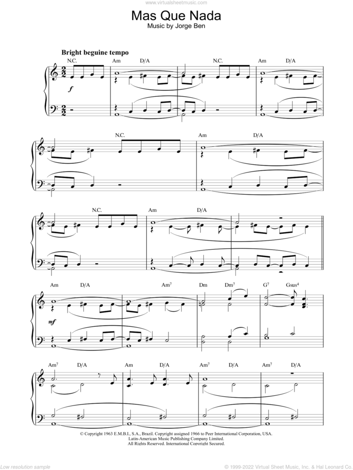 Mas Que Nada sheet music for piano solo by Jorge Ben, intermediate skill level