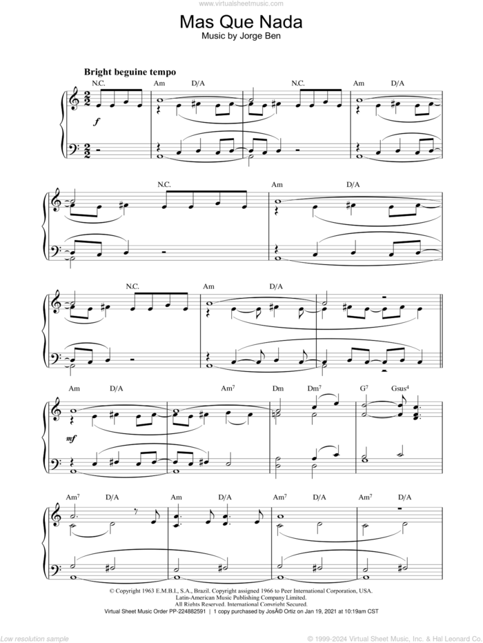 Mas Que Nada, (intermediate) sheet music for piano solo by Jorge Ben, intermediate skill level